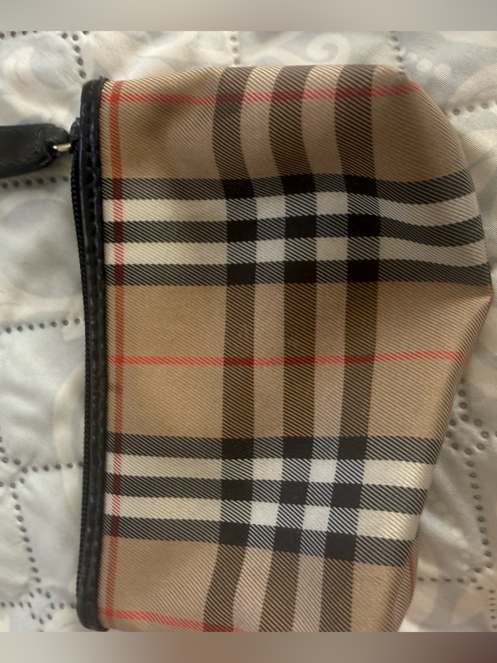 Burberry Beige Plaid Zip Pouch/change purse with Black Trim and Red Accents